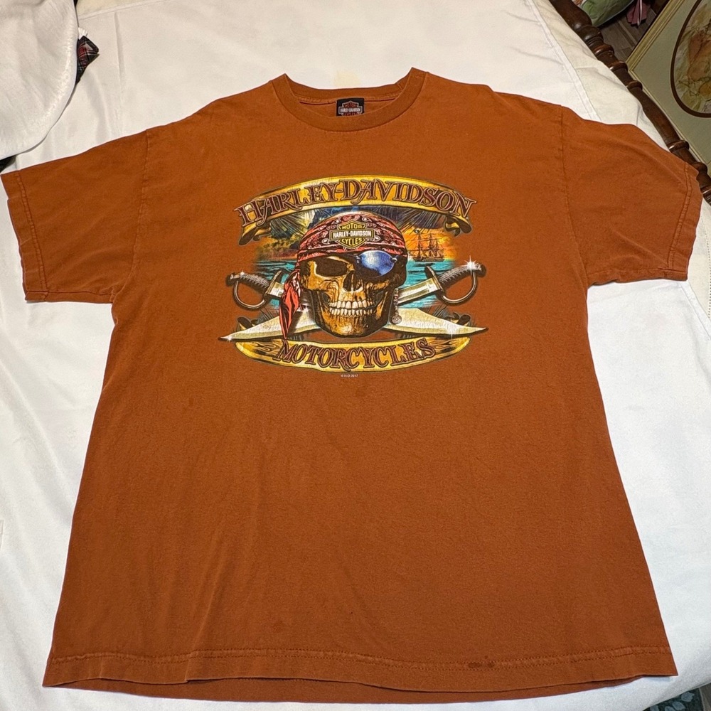 Harley Davidson T Shirt Mens XL Orange Pirate Skull Graphic Tee 2012